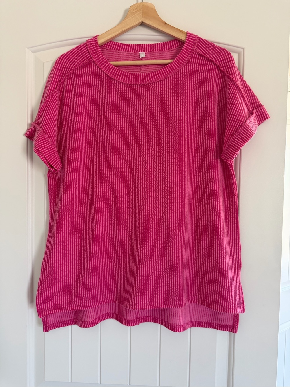Women’s Relaxed Ribbed Short Sleeve Top Hot Pink Size Large Rolled Sleeves